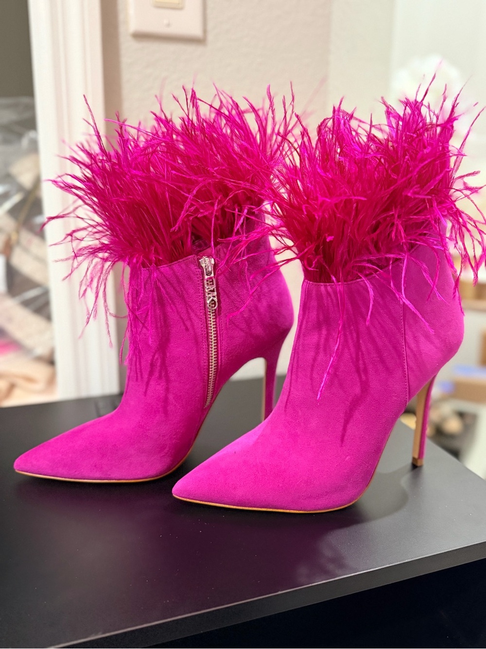 Michael Kors Hot Pink Suede Feather Trim Stiletto Ankle Boots
